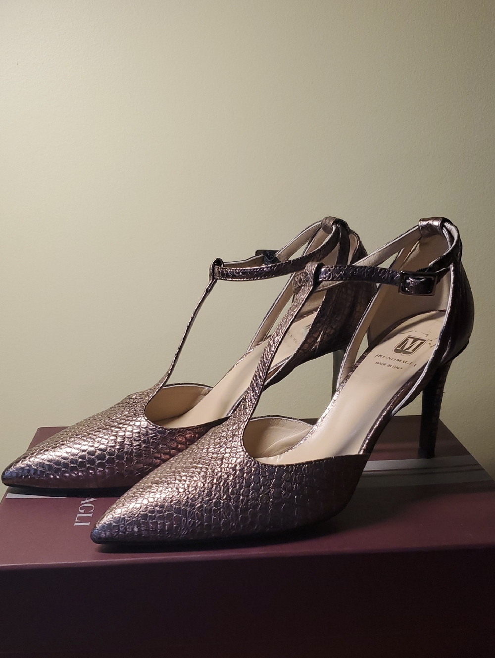 Bruno Magli Metallic T-Strap Pointed Toe Pumps